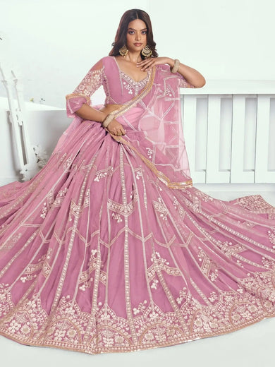 Glamorous Pink Thread Embroidered Work Net Wedding Lehenga Choli - Ethnic Plus In